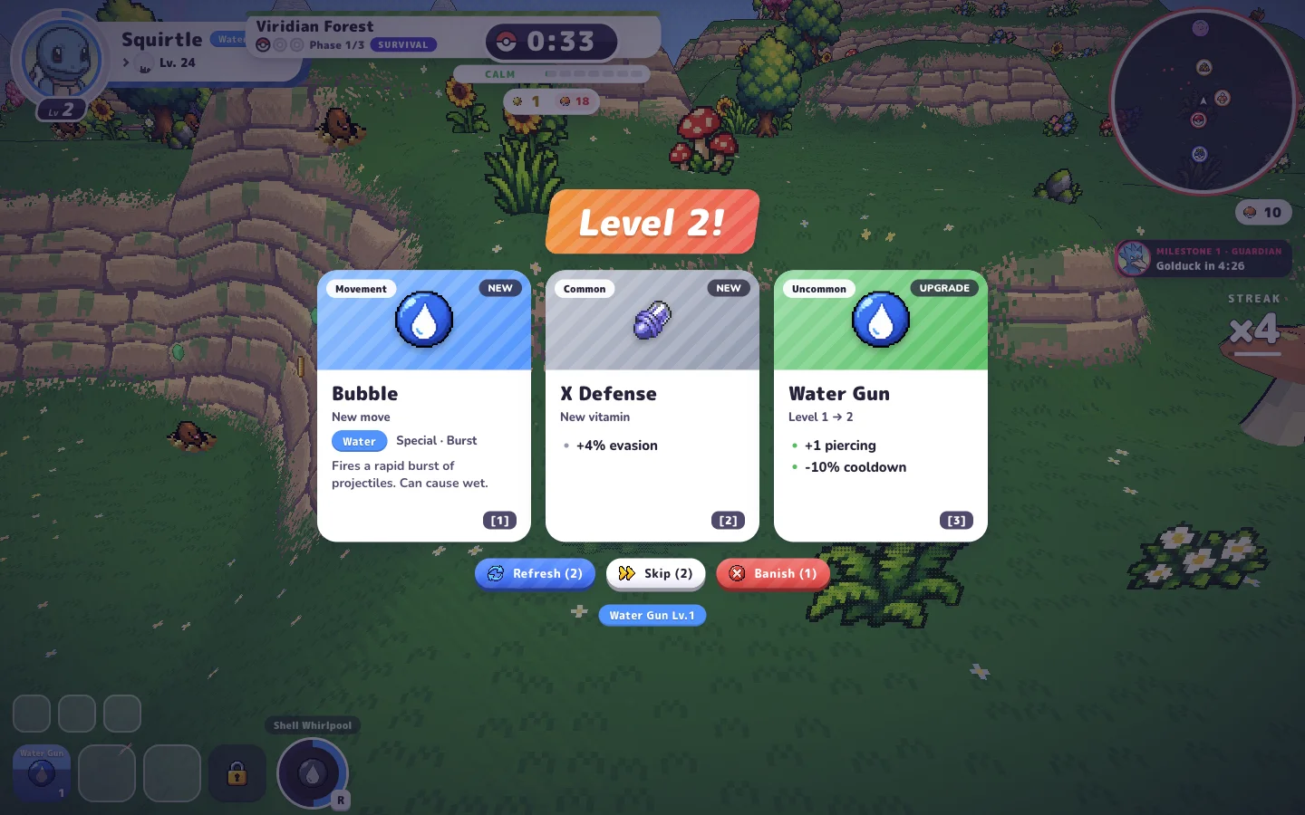 In-game level-up choices including a new move and stat upgrade