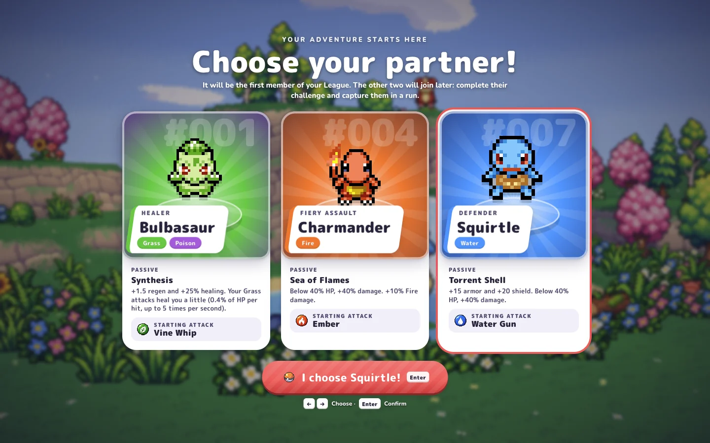 Bulbasaur, Charmander, and Squirtle on the in-game starter selection screen